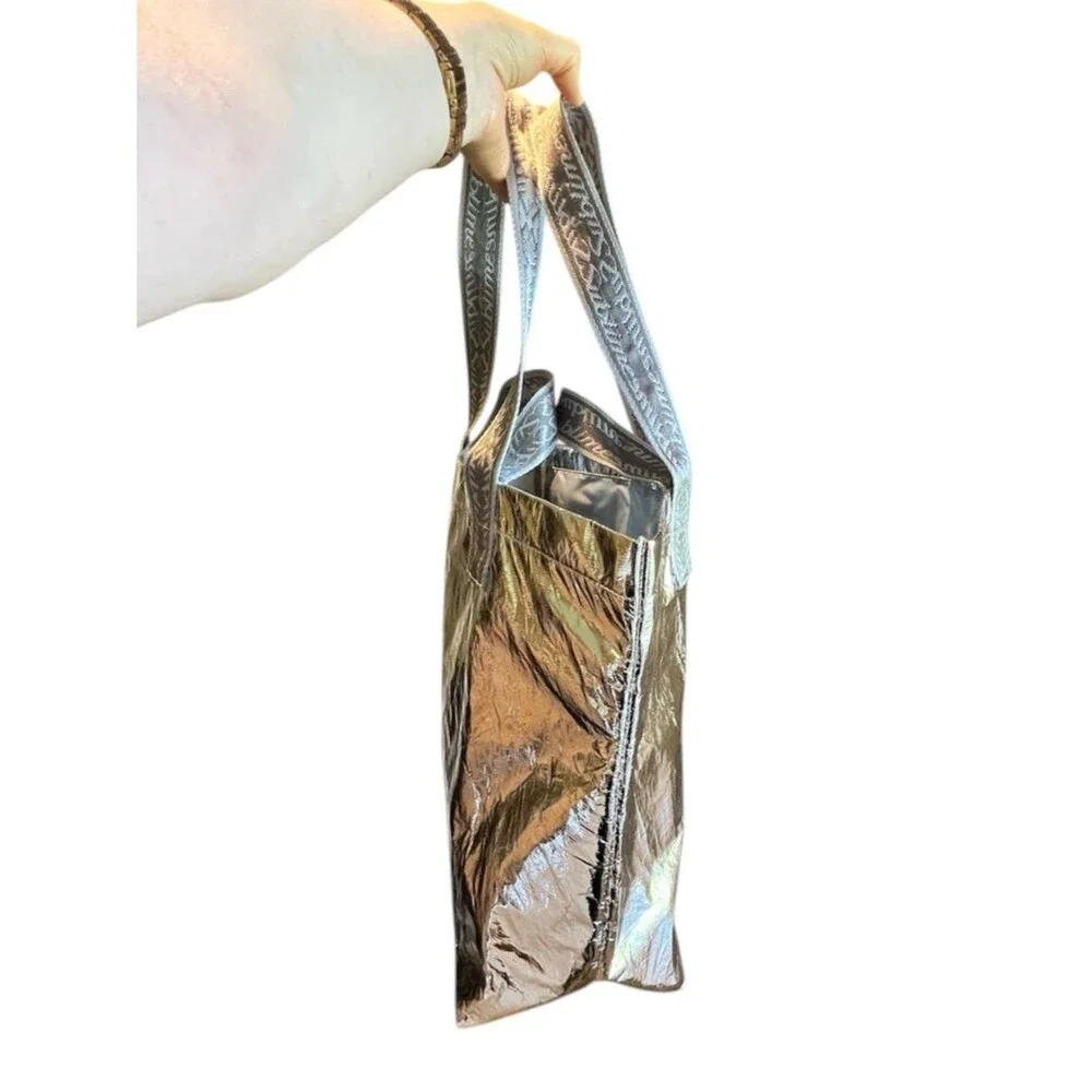 Tory Burch Metallic Silver Sublime Tote Bag with Patterned Straps